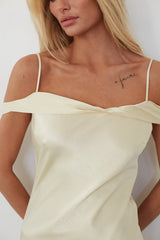Light Yellow Off the Shoulder Satin Maxi Dress