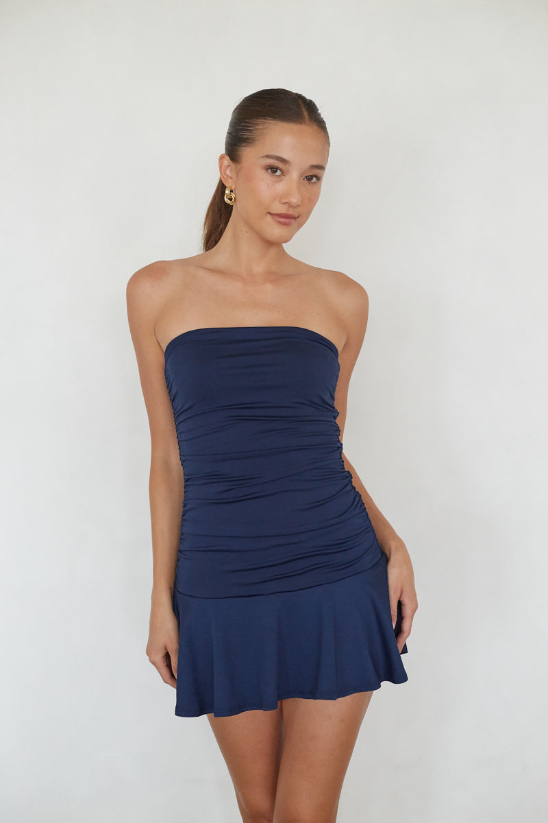 Minimal Strapless Ruched Mini Dress