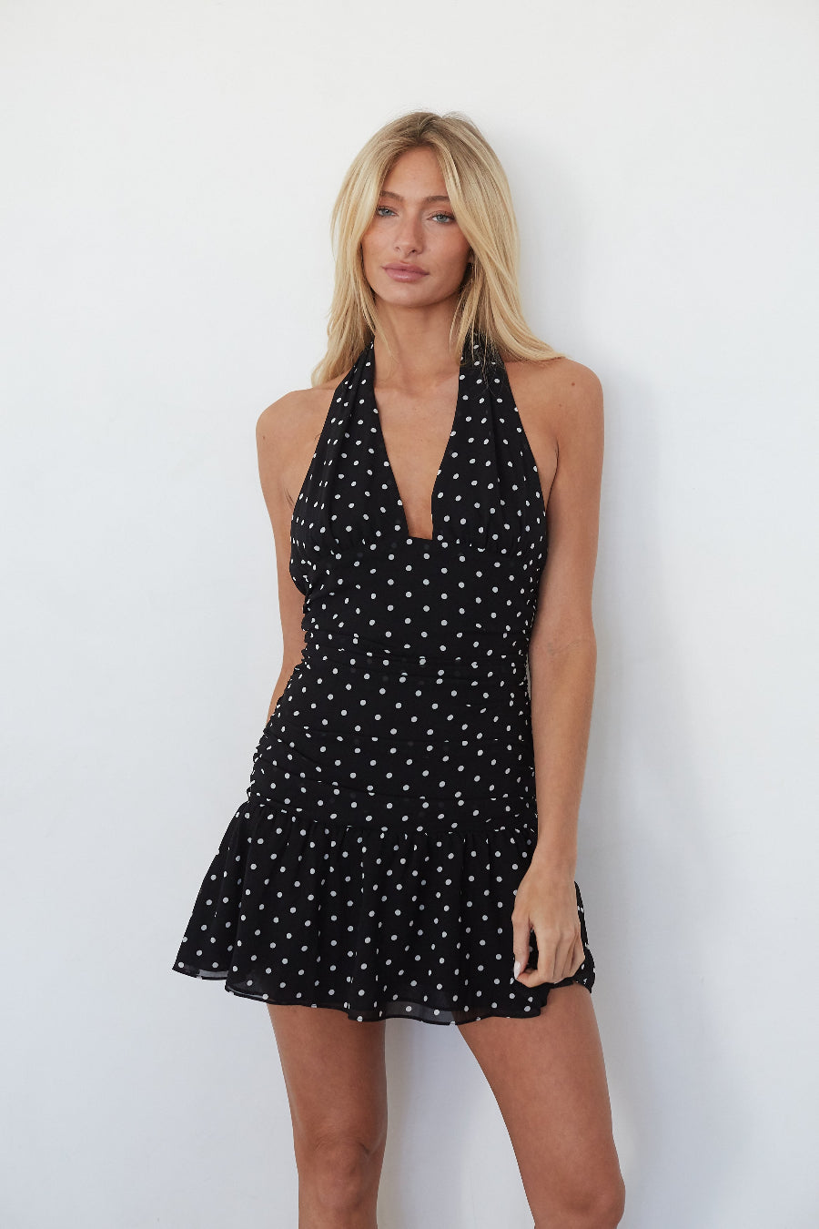 Black Polka Dot Halter Mini Dress