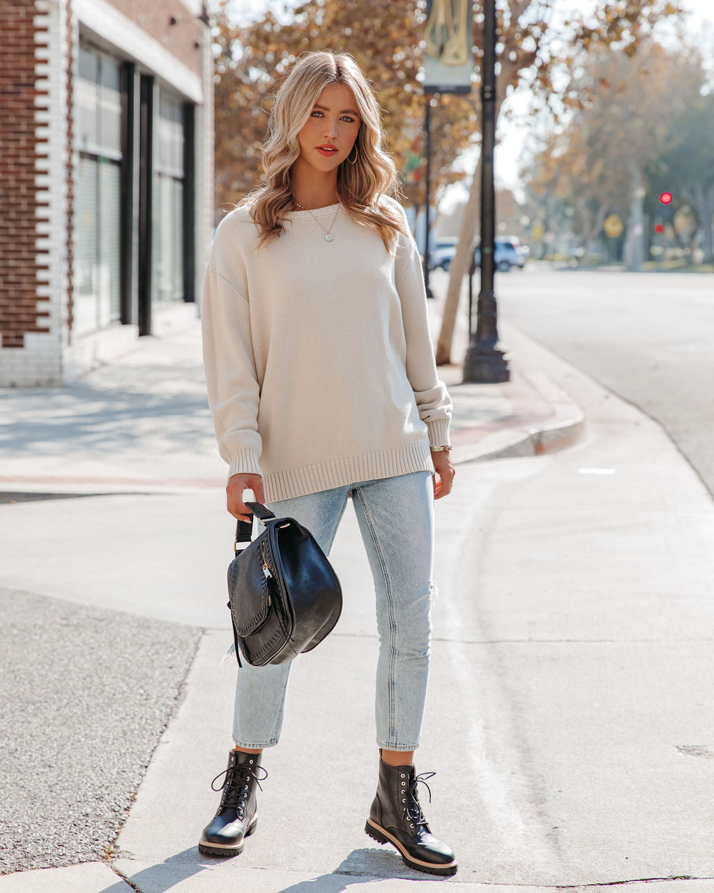 Acacia Cotton Crew Neck Sweater - Pale Beige
