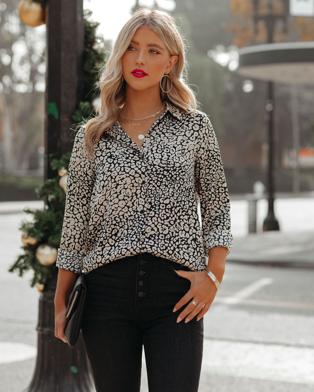 Aimee Satin Leopard Button Down Blouse