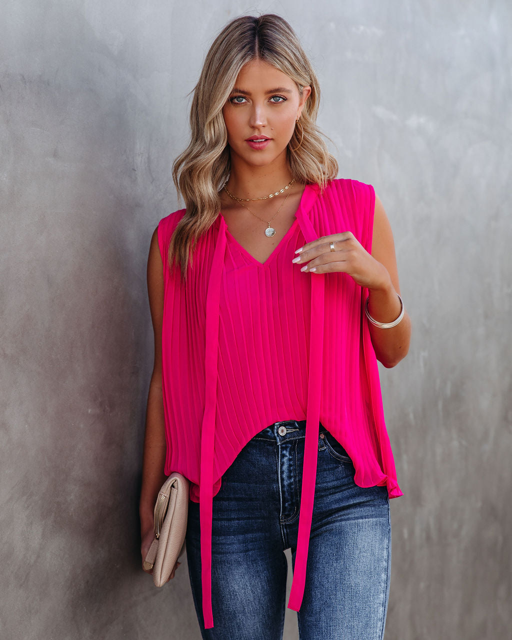 All That Matters Pleated Sleeveless Blouse - Hot Pink