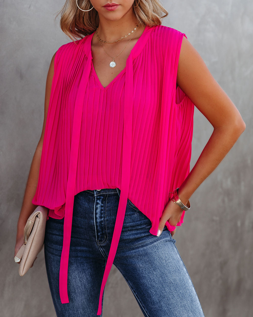 All That Matters Pleated Sleeveless Blouse - Hot Pink