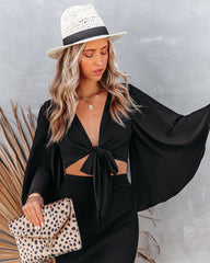 Angel Dust Bell Sleeve Tie Front Crop Top - Black