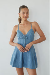 Blue Front Tie Denim Romper