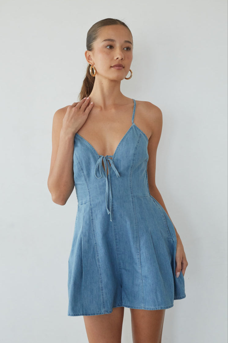 Blue Front Tie Denim Romper