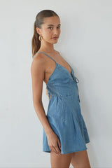 Blue Front Tie Denim Romper