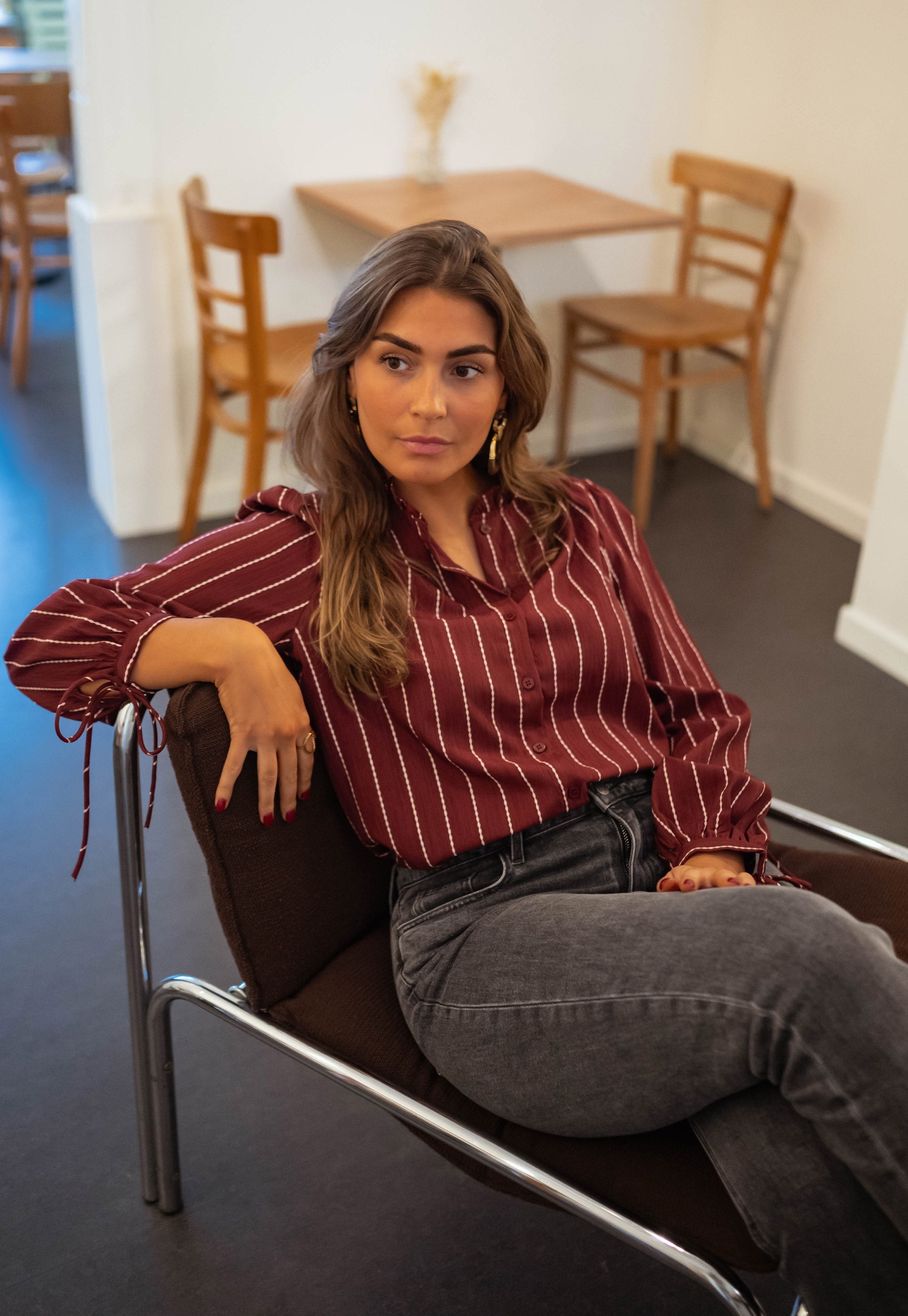 Burgundy Striped Button Down Blouse