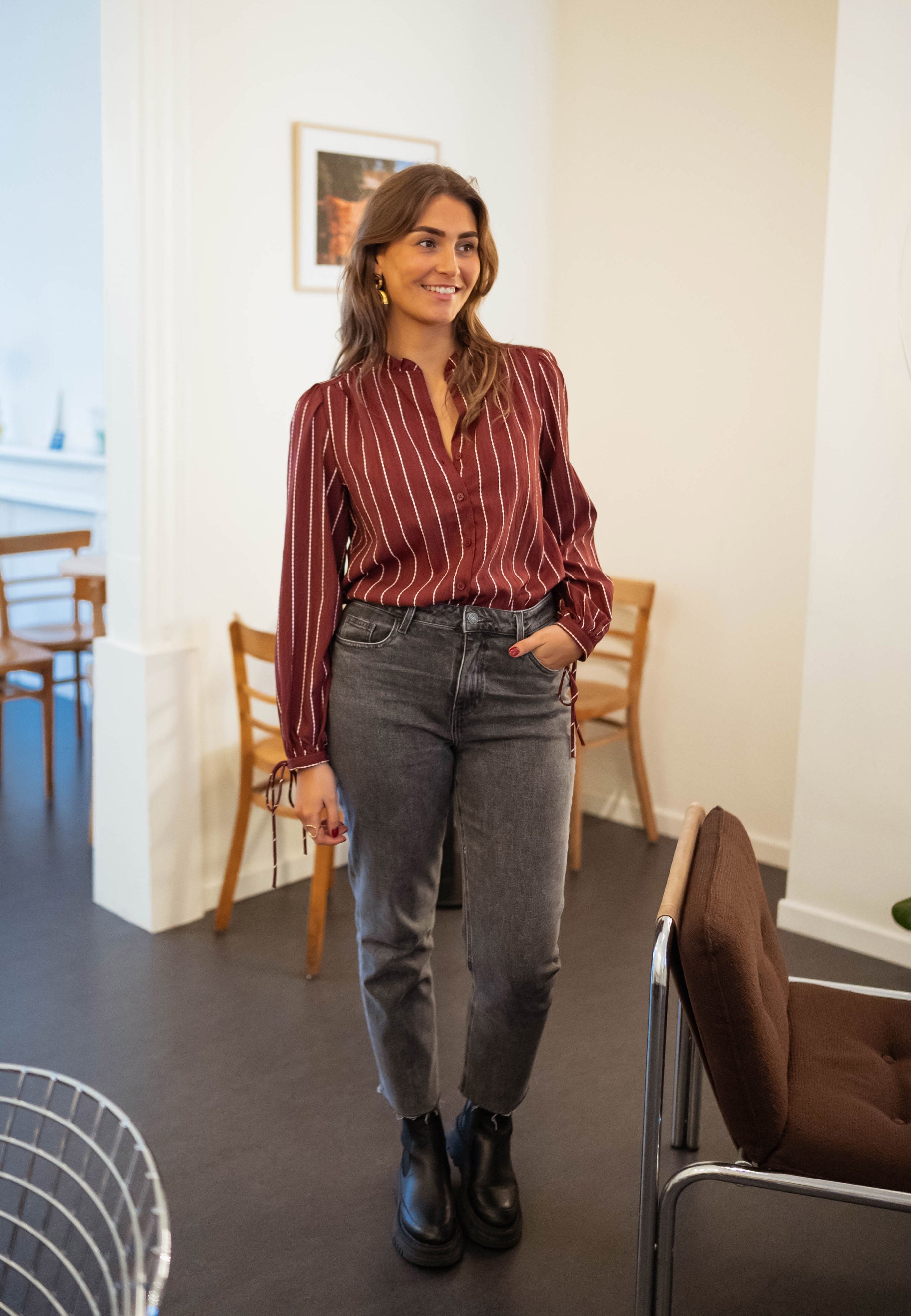Burgundy Striped Button Down Blouse
