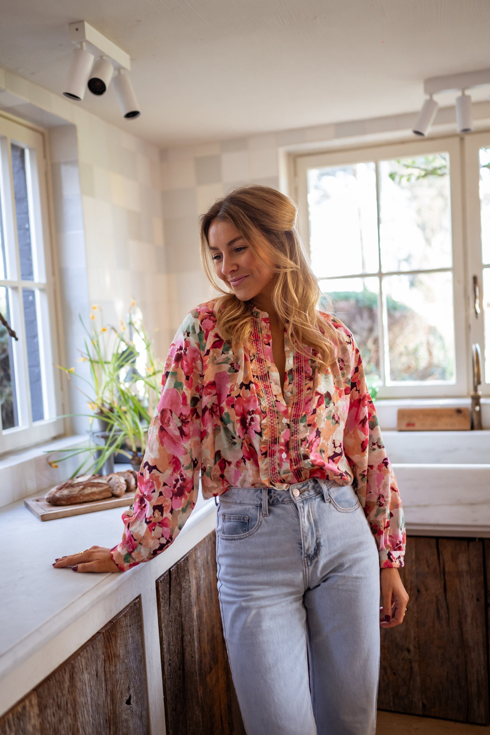 Red Rosy Print Chiffon Blouse