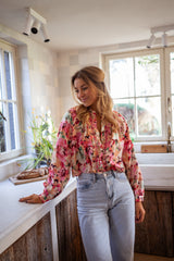 Red Rosy Print Chiffon Blouse