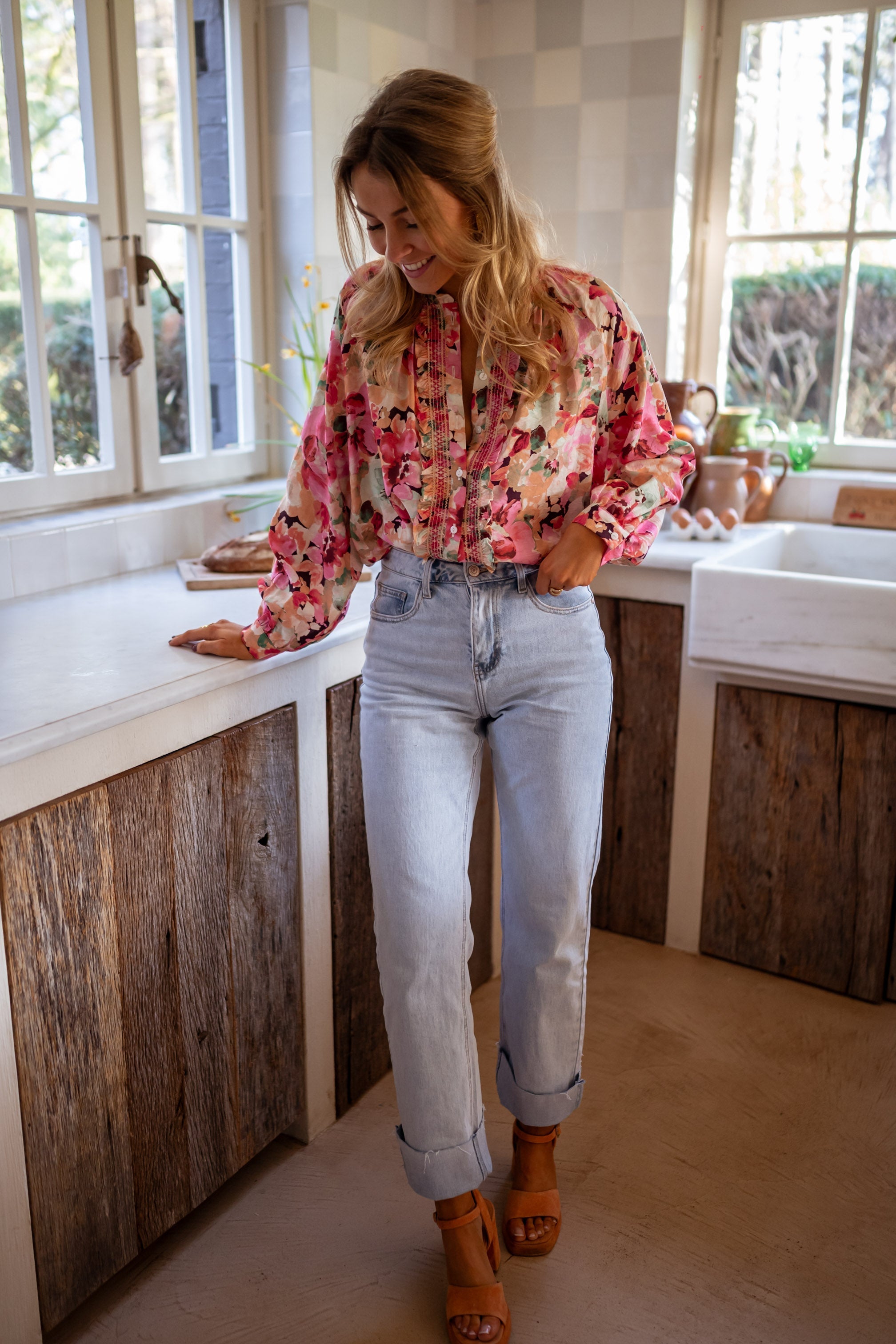Red Rosy Print Chiffon Blouse