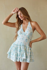 Blue Floral Halter Mini Dress