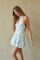 Blue Floral Halter Mini Dress
