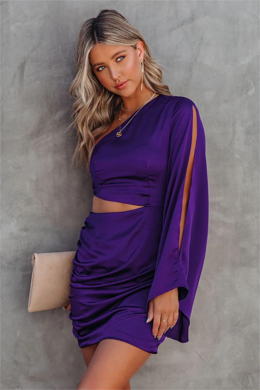 Caydan Satin One Shoulder Cutout Dress - Plum - FINAL SALE