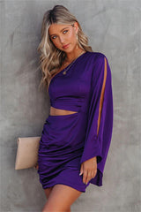 Caydan Satin One Shoulder Cutout Dress - Plum - FINAL SALE