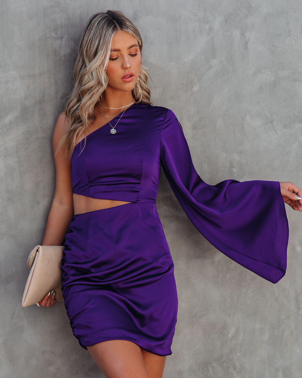 Caydan Satin One Shoulder Cutout Dress - Plum - FINAL SALE