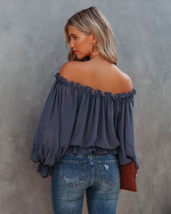 Caydence Chiffon Off The Shoulder Blouse - Dusty Blue - FINAL SALE