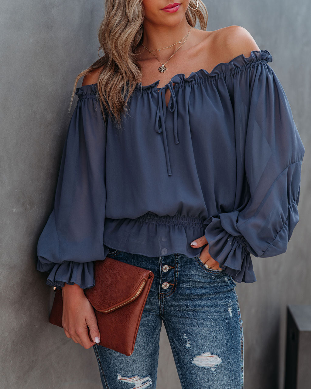 Caydence Chiffon Off The Shoulder Blouse - Dusty Blue - FINAL SALE