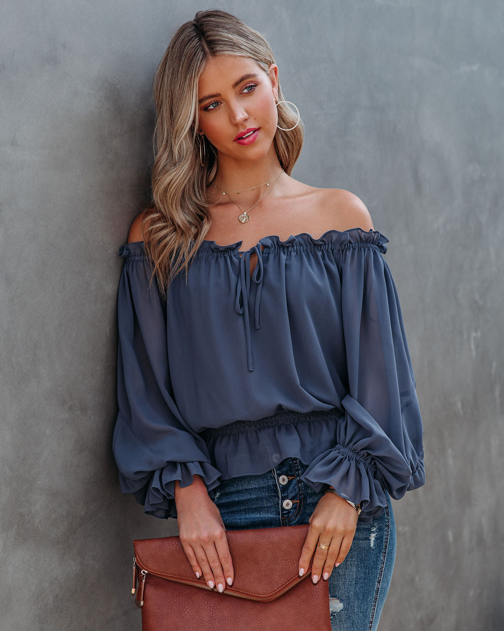 Caydence Chiffon Off The Shoulder Blouse - Dusty Blue - FINAL SALE