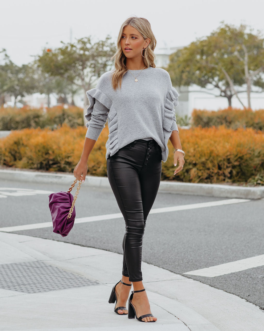 Charleston Ruffle Knit Sweater - Heather Grey - FINAL SALE