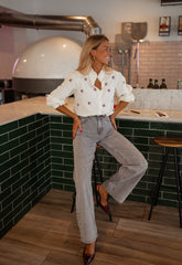 White Floral Trim Button Down Shirt