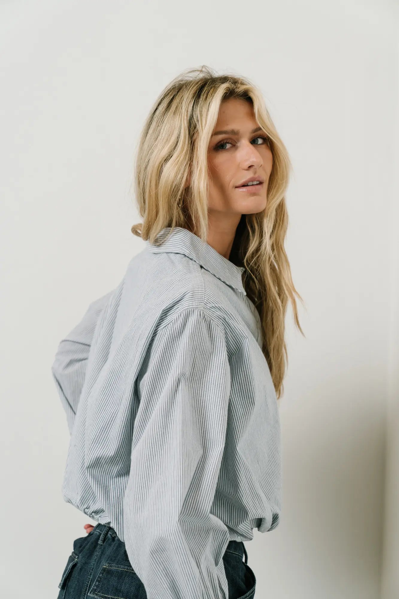Rayna Striped Collared Top in Blue