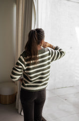 Green Striped Buttoned Knit Cardigan