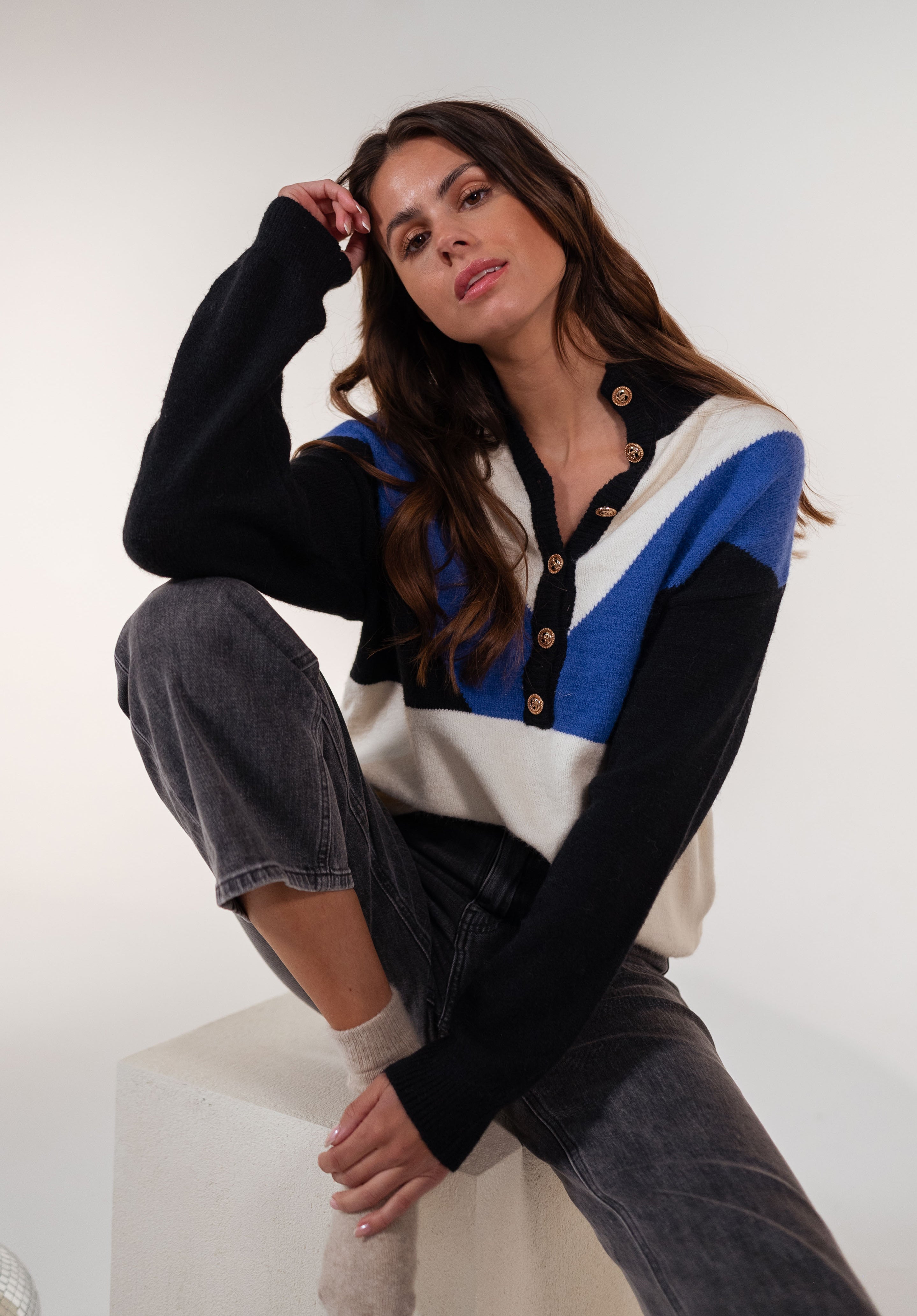 Blue Color Block Buttoned Knit Sweater