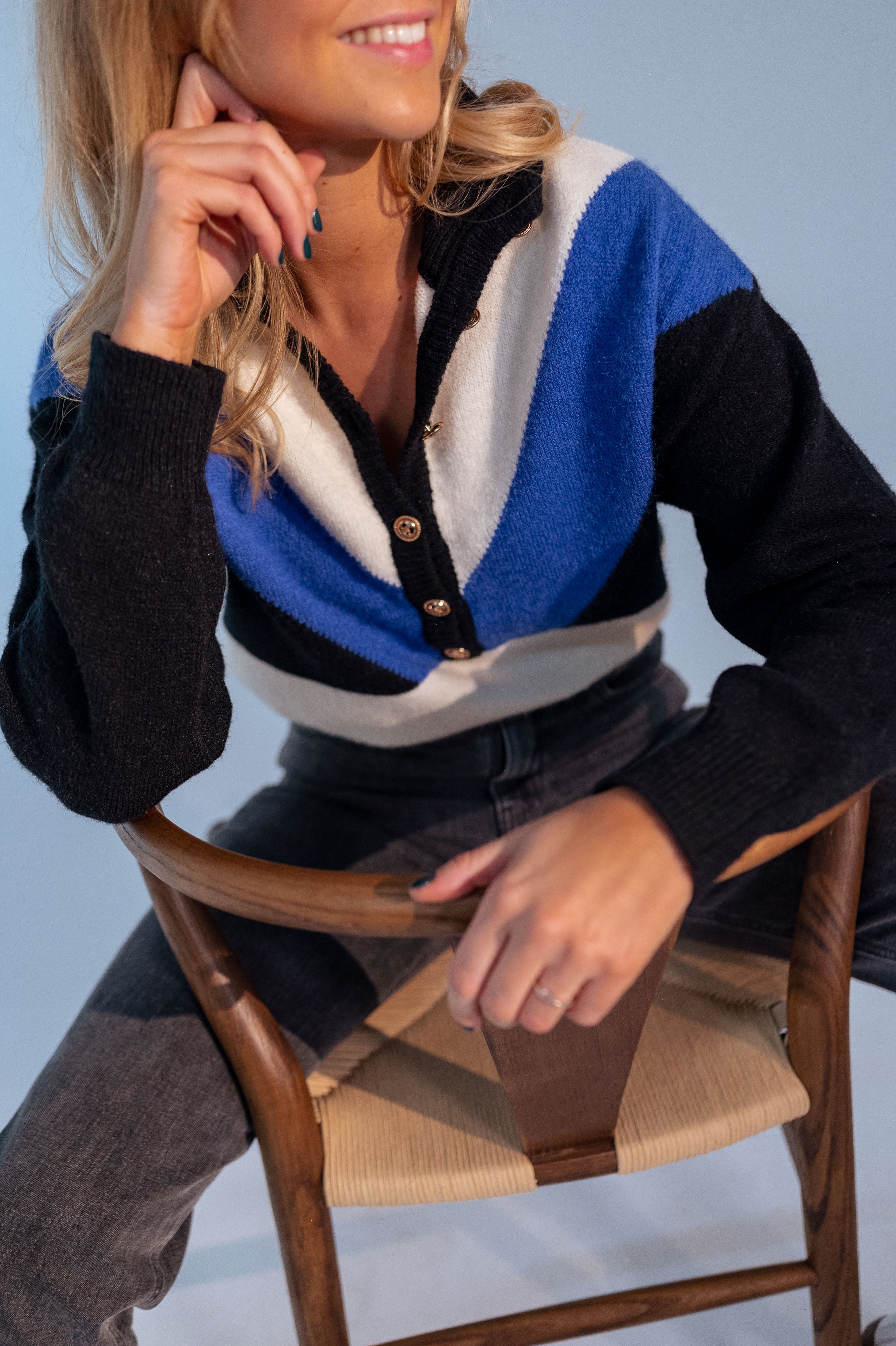 Blue Color Block Buttoned Knit Sweater