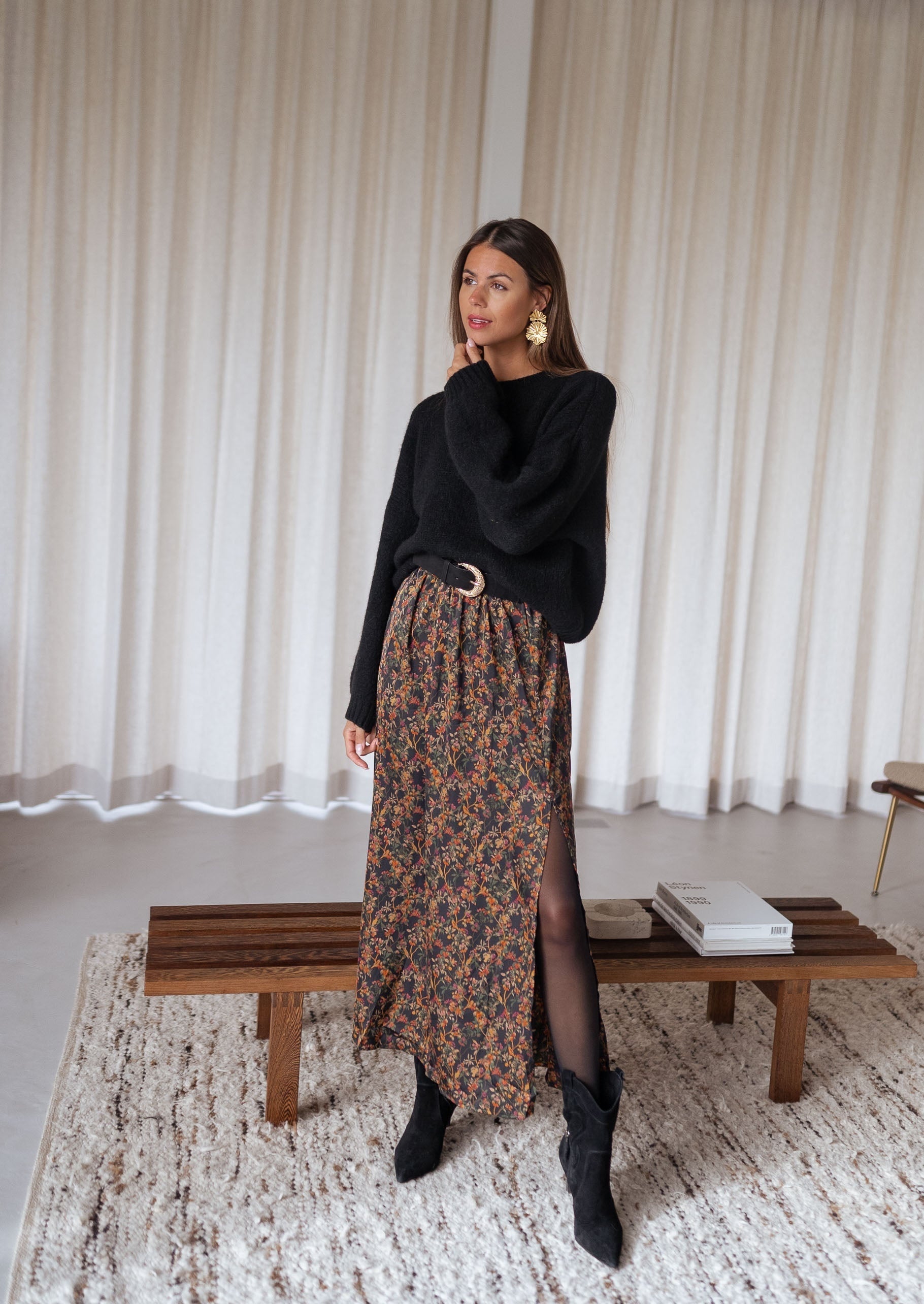 Black Floral Side Slit Midi Skirt