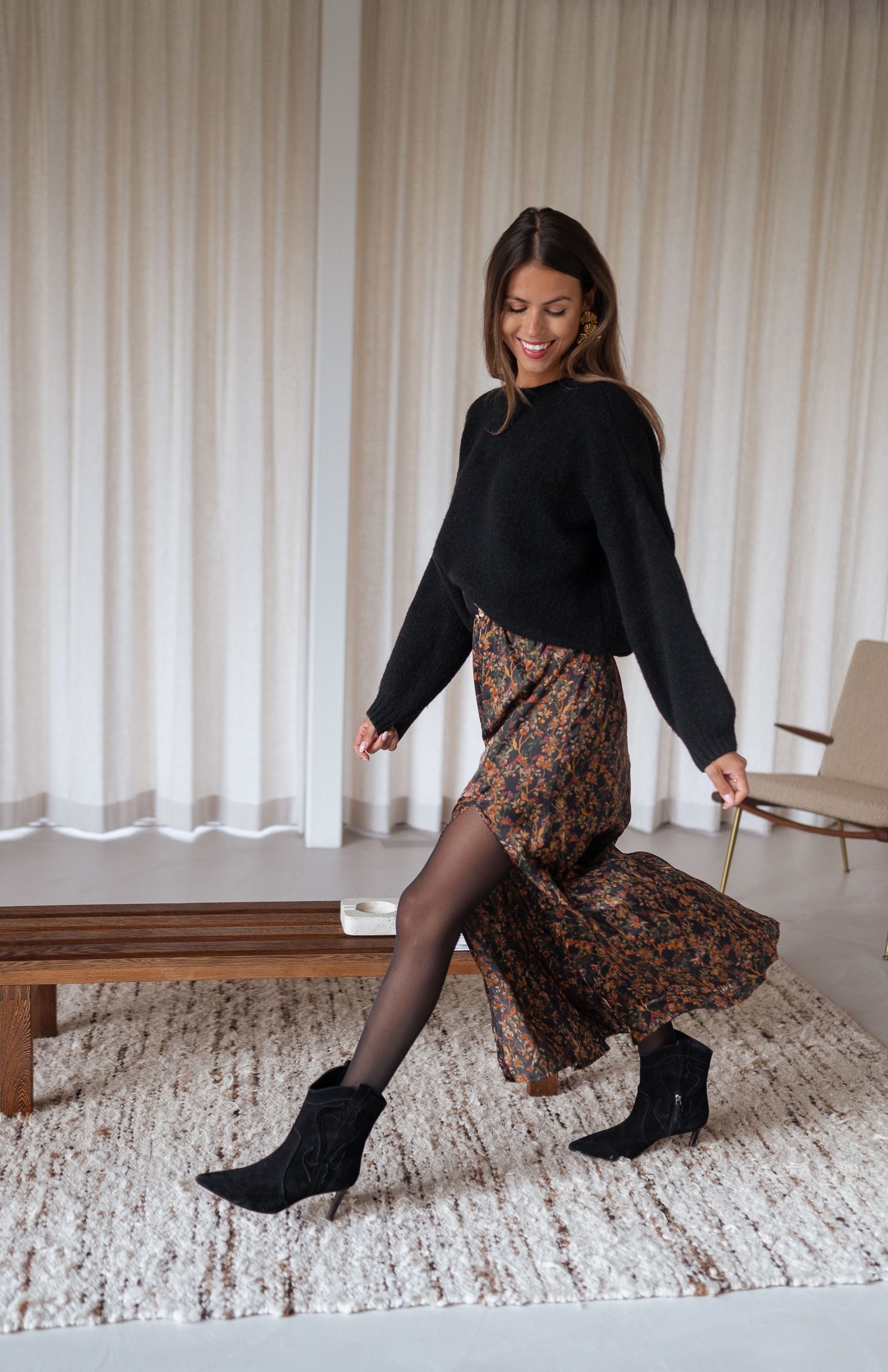 Black Floral Side Slit Midi Skirt