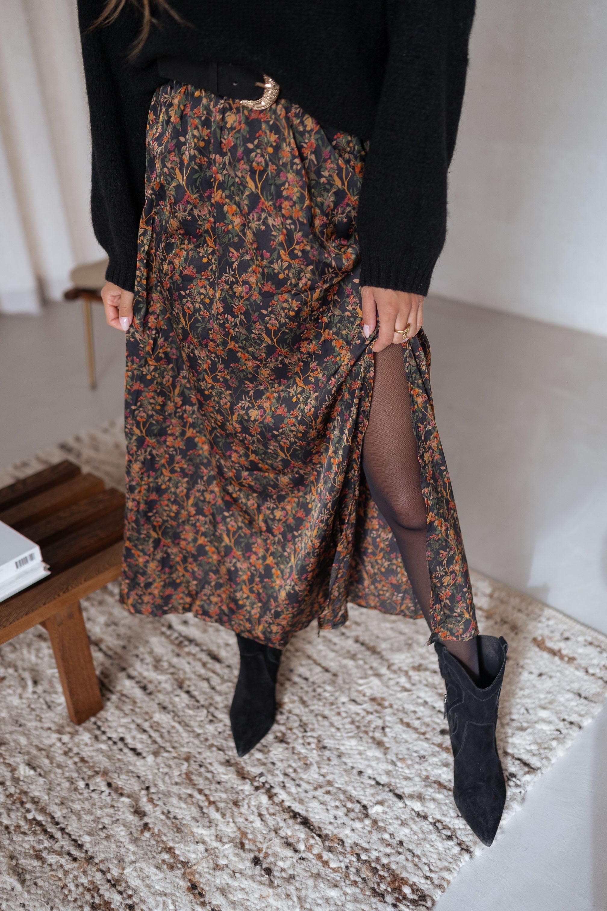 Black Floral Side Slit Midi Skirt