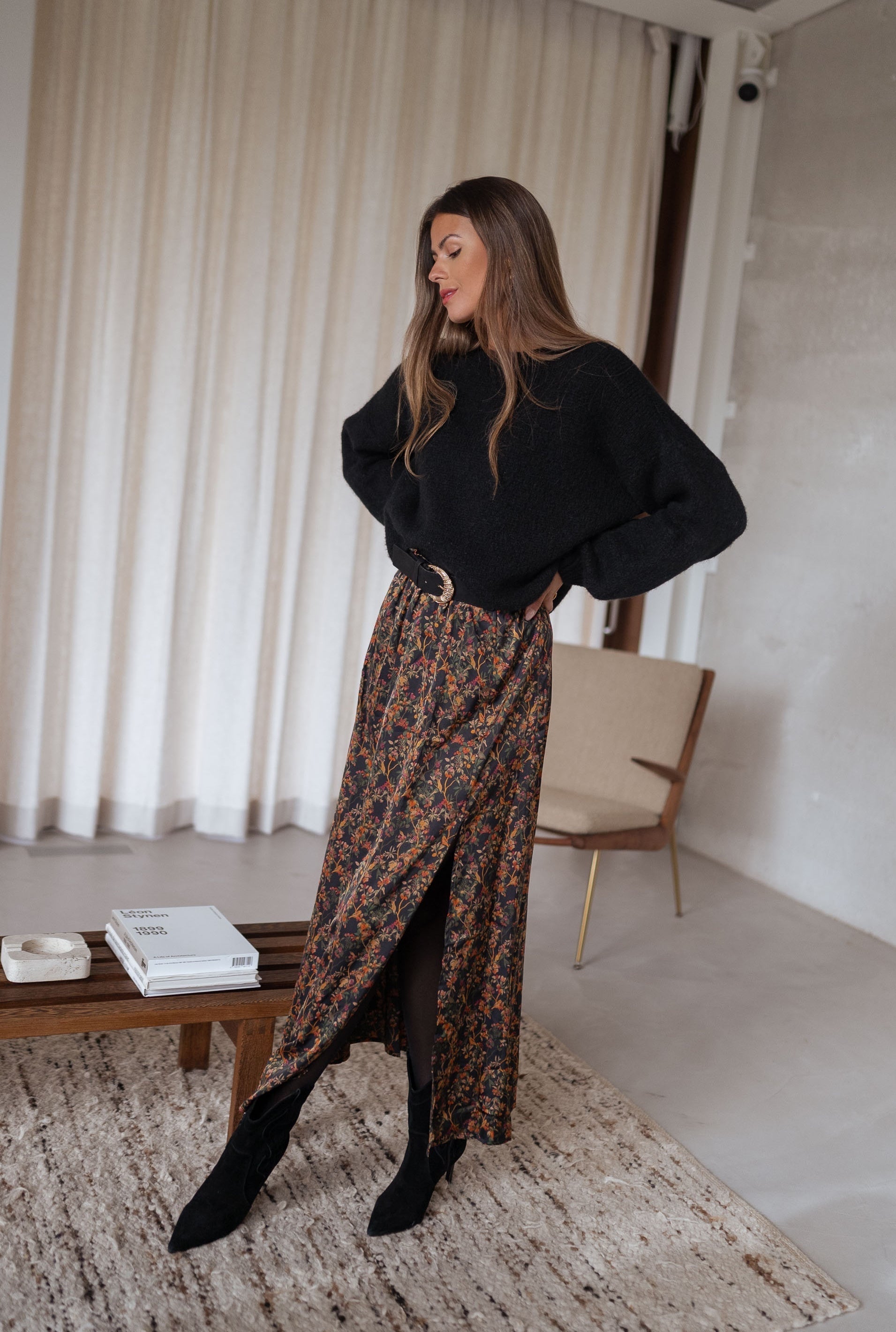Black Floral Side Slit Midi Skirt