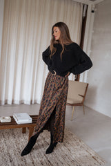 Black Floral Side Slit Midi Skirt
