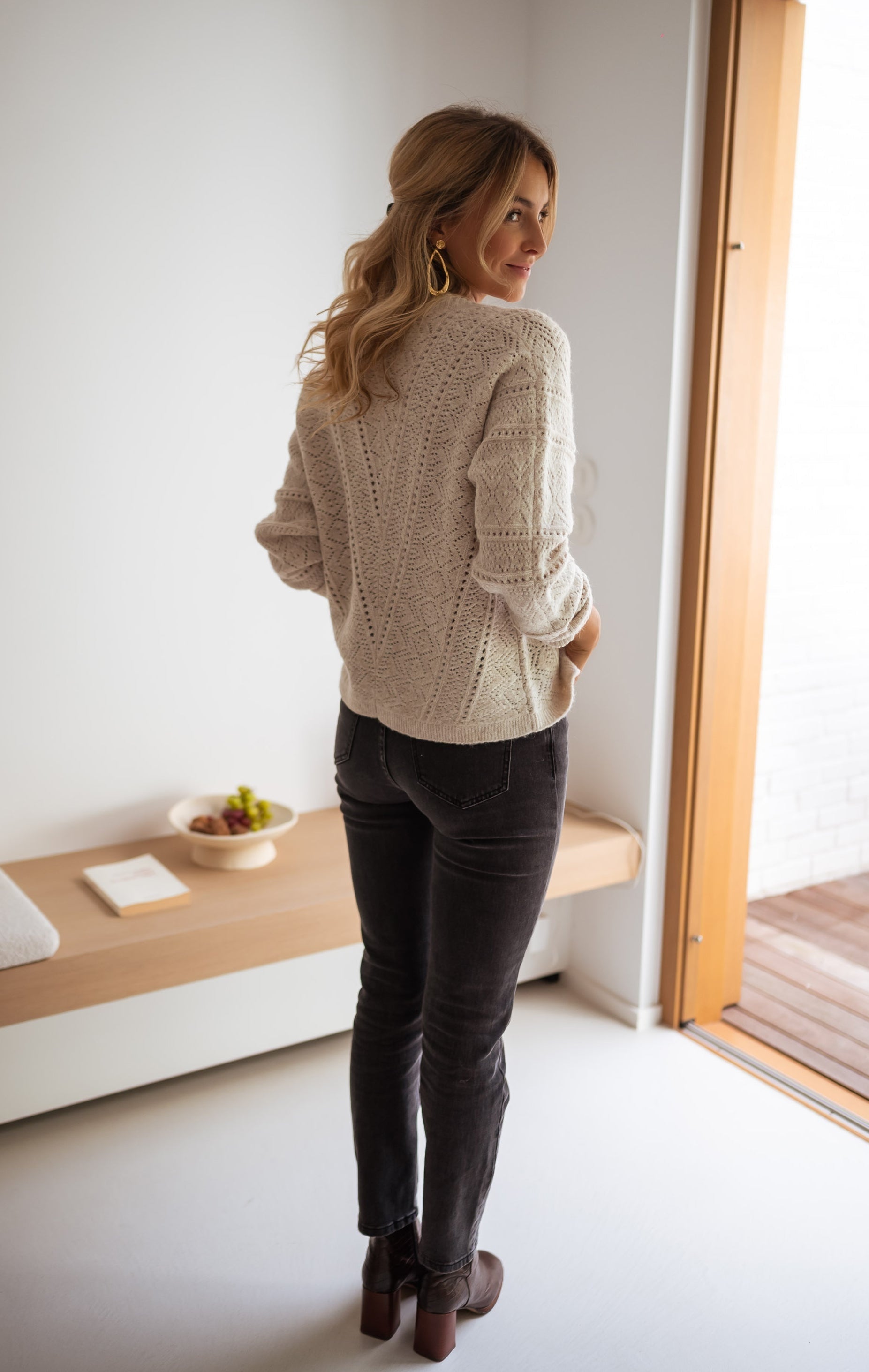 Beige Crochet Knit Cardigan