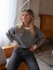 Black Stripe Print Pullover Sweater