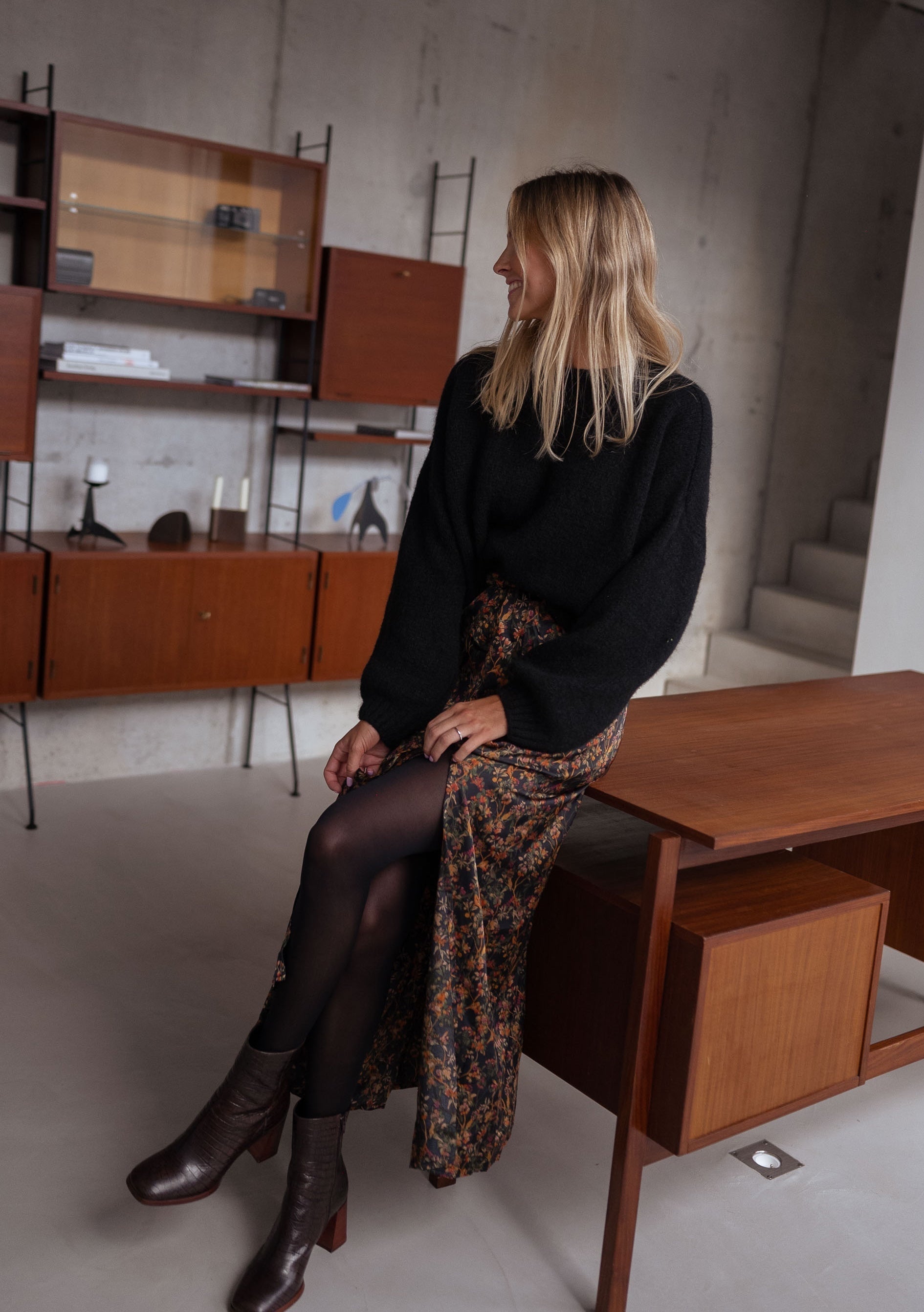 Black Floral Side Slit Midi Skirt
