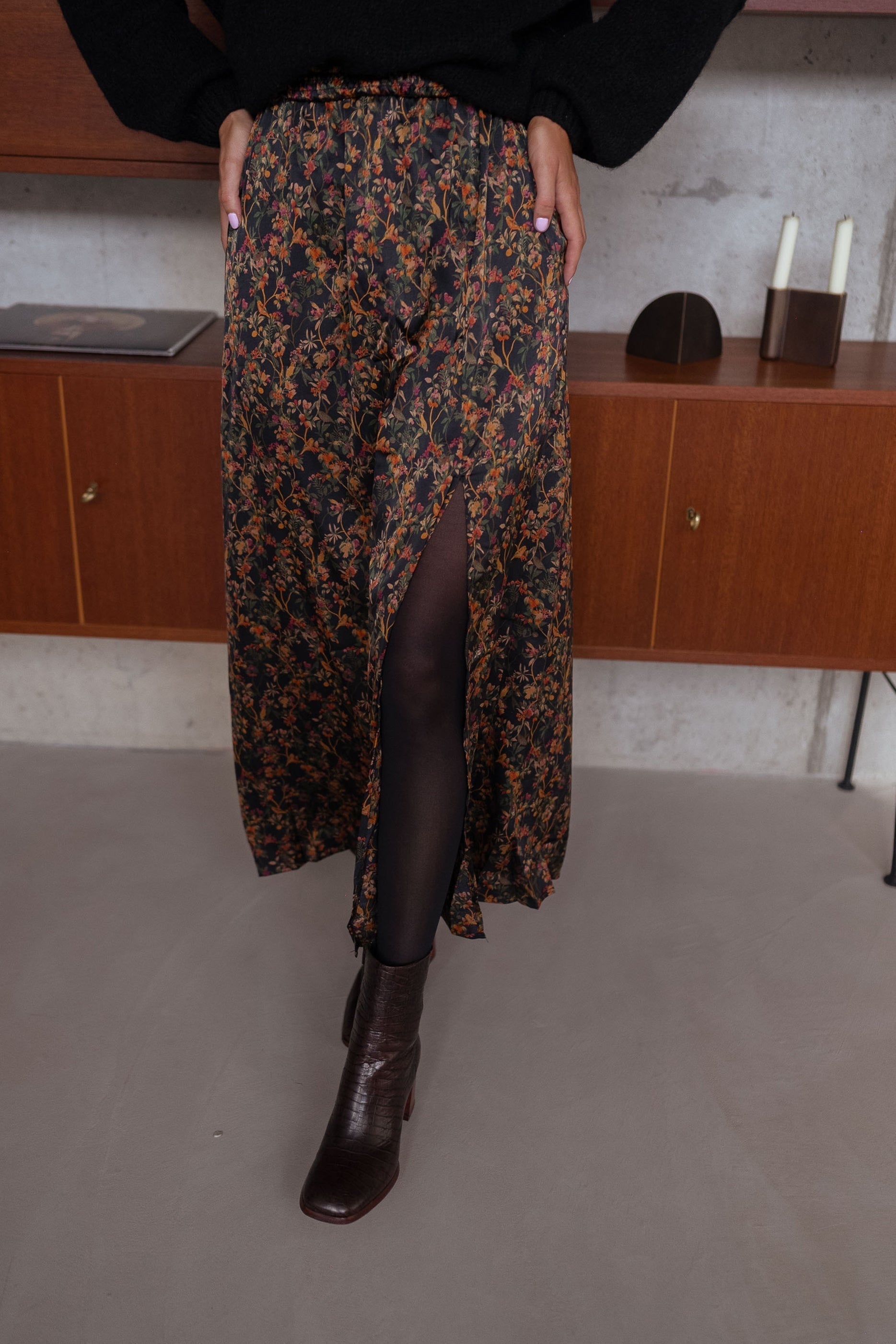 Black Floral Side Slit Midi Skirt