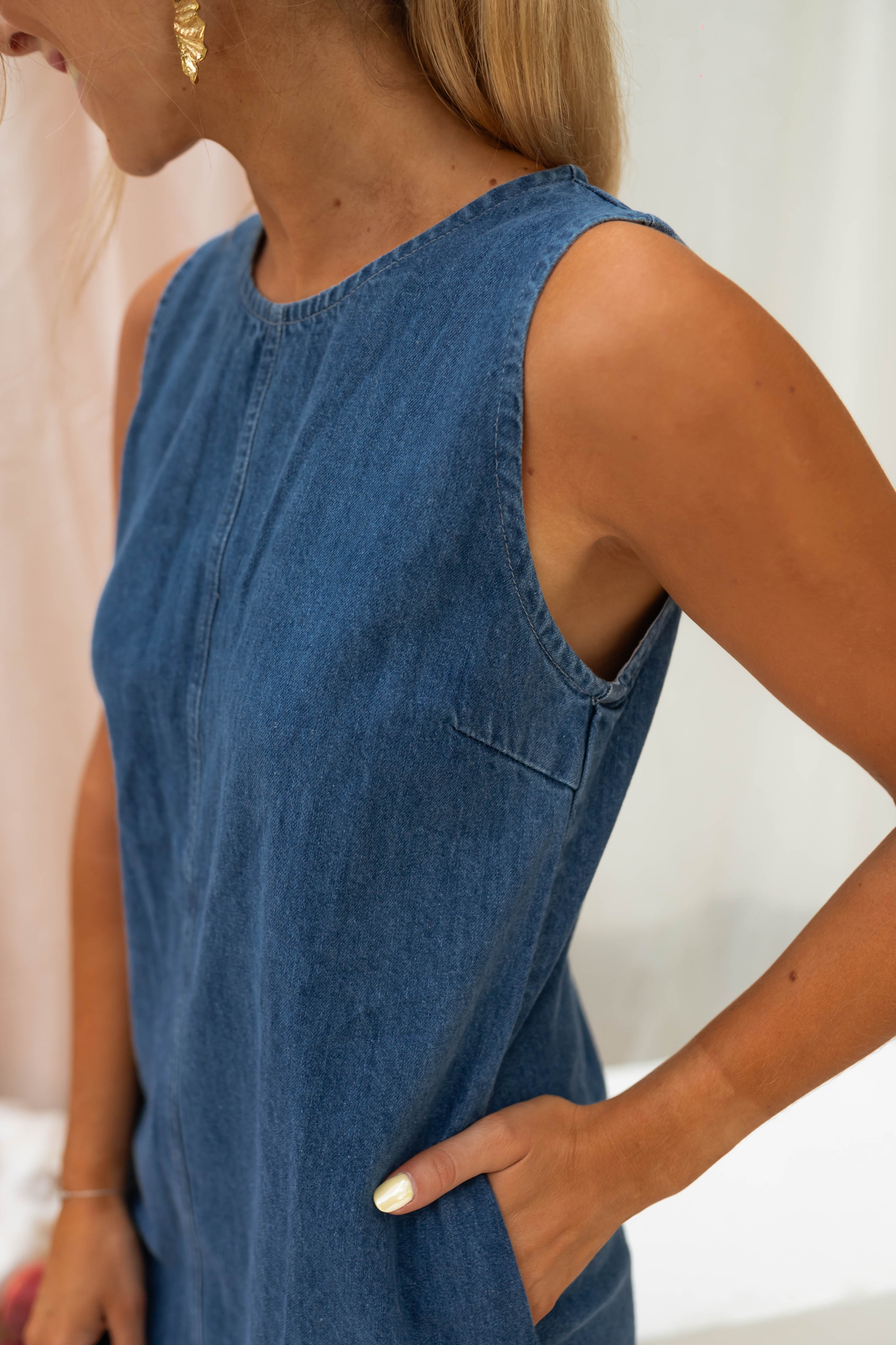 Navy Blue Denim Sleeveless Dress