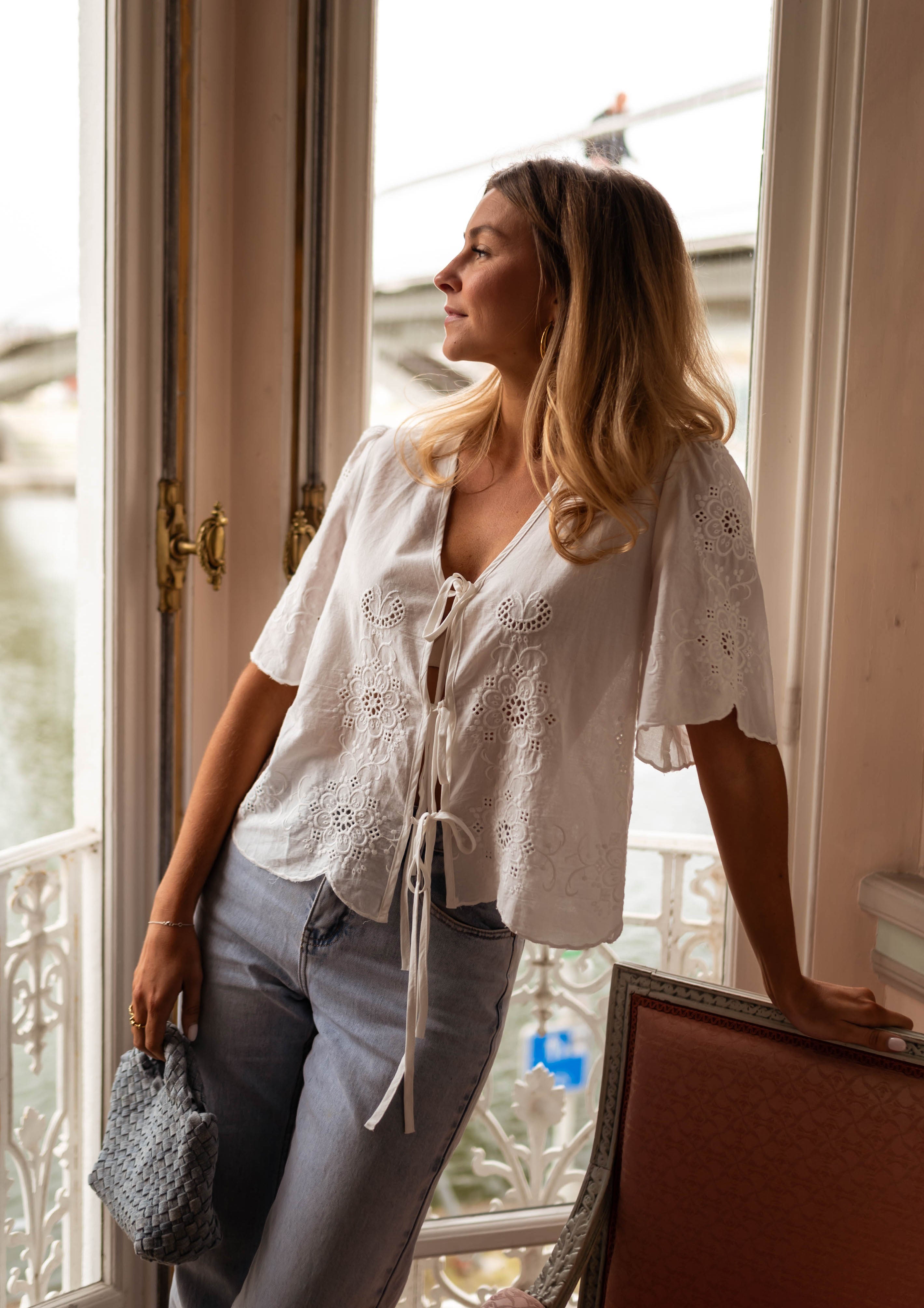 White Crochet Front-Tie Blouse