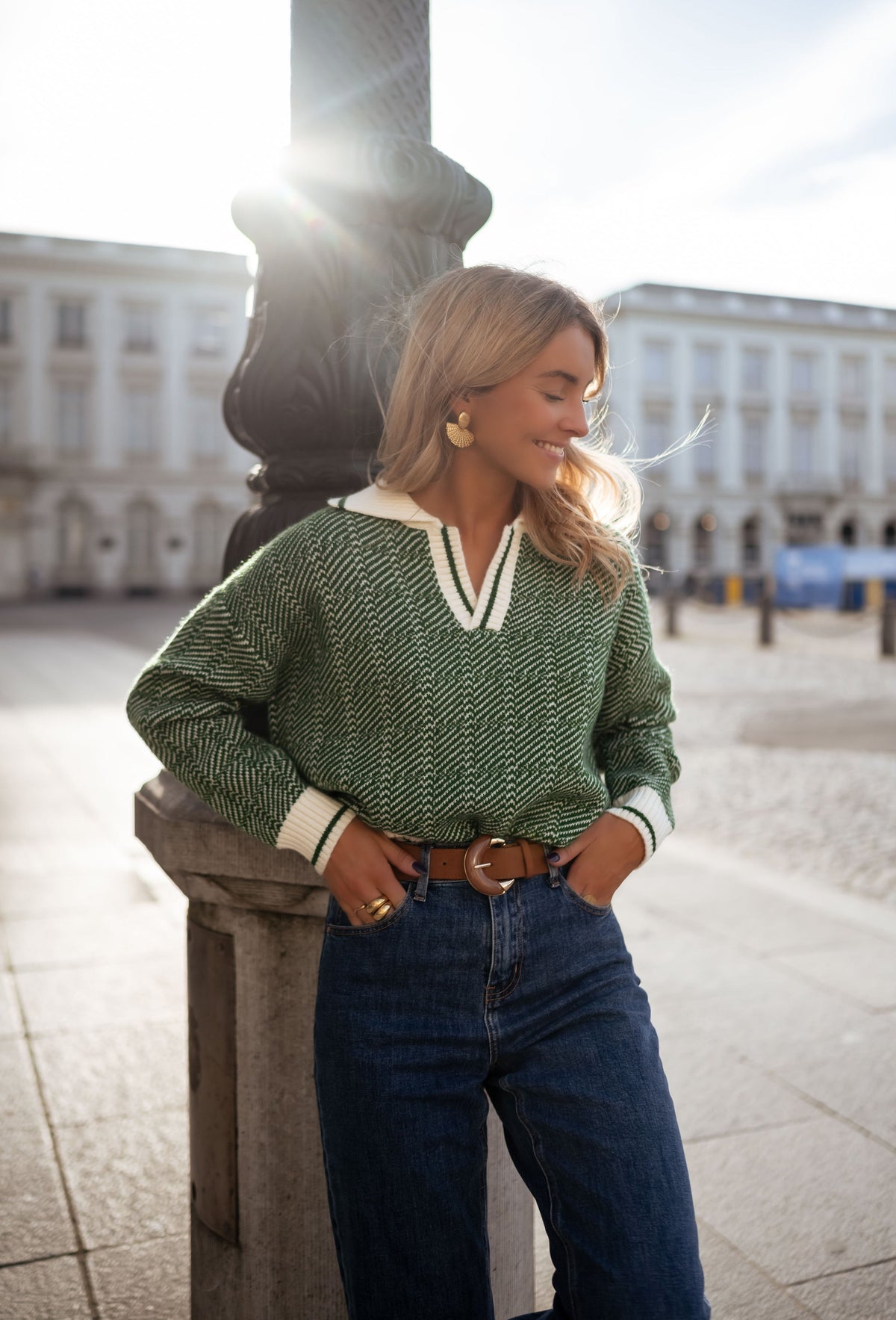 Green Striped Polo Knit Sweater