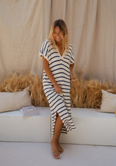 Navy Blue Striped Knit Midi Dress