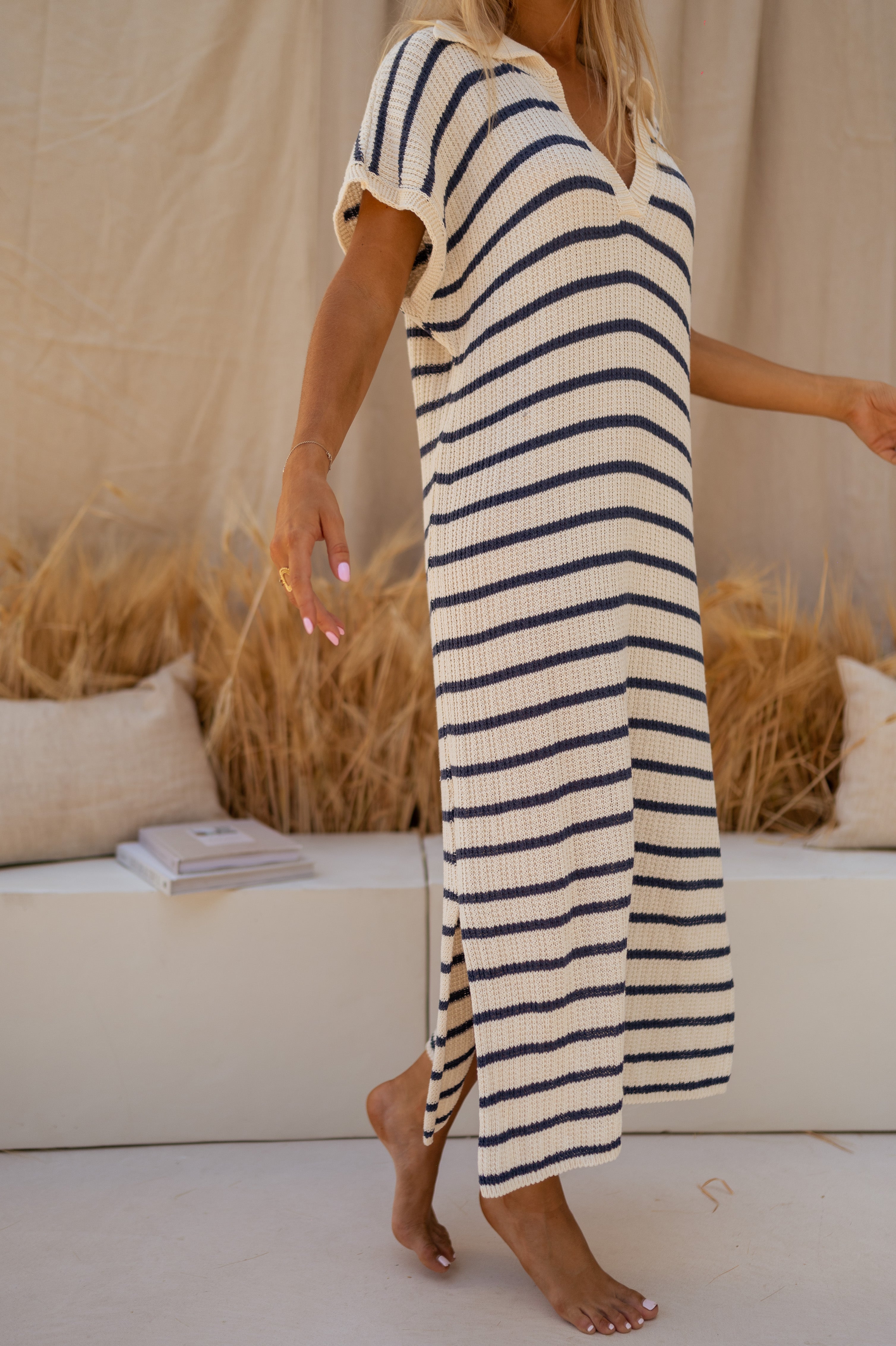 Navy Blue Striped Knit Midi Dress