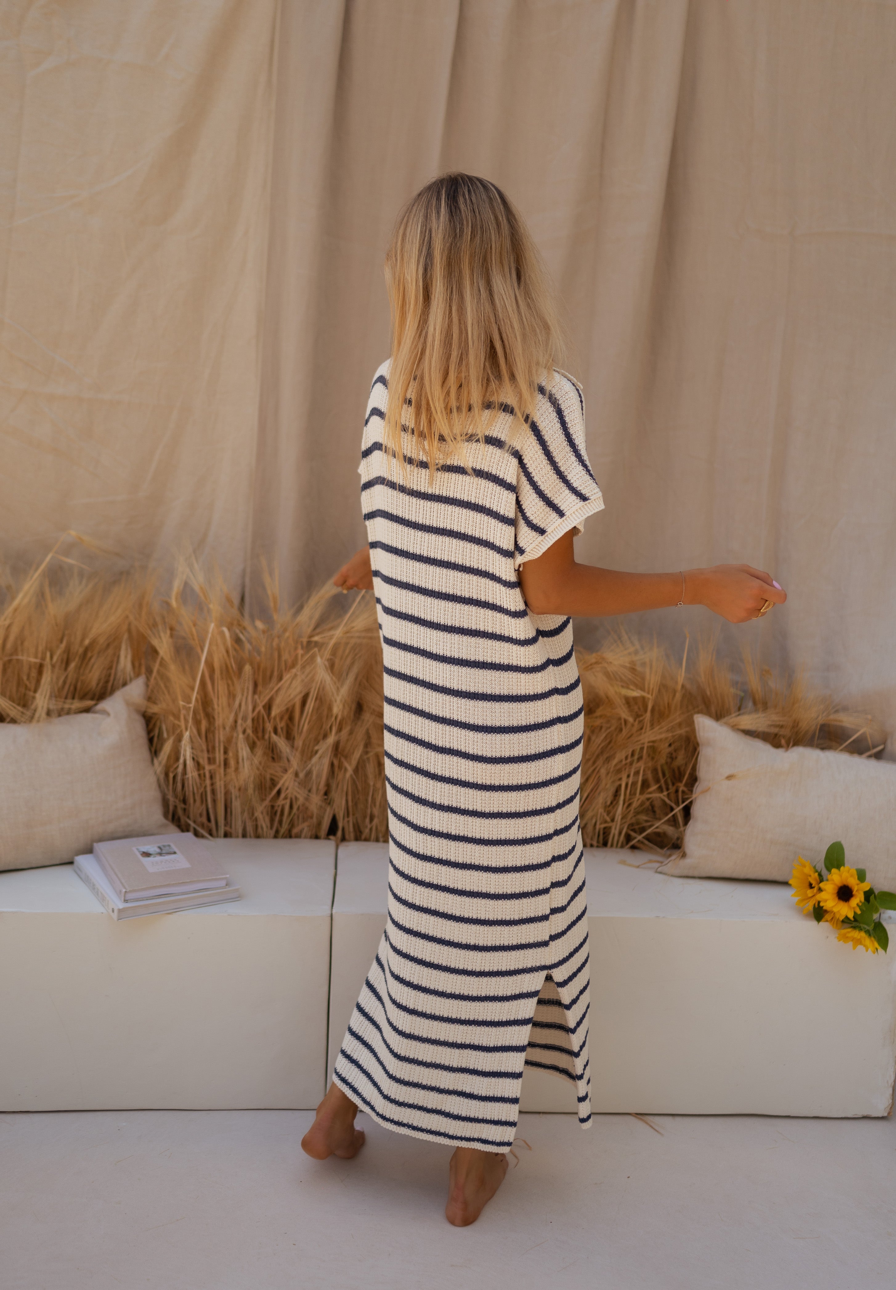 Navy Blue Striped Knit Midi Dress