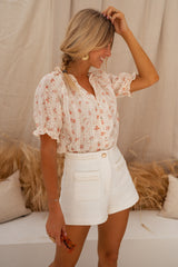 Peach Floral Short Sleeves Blouse