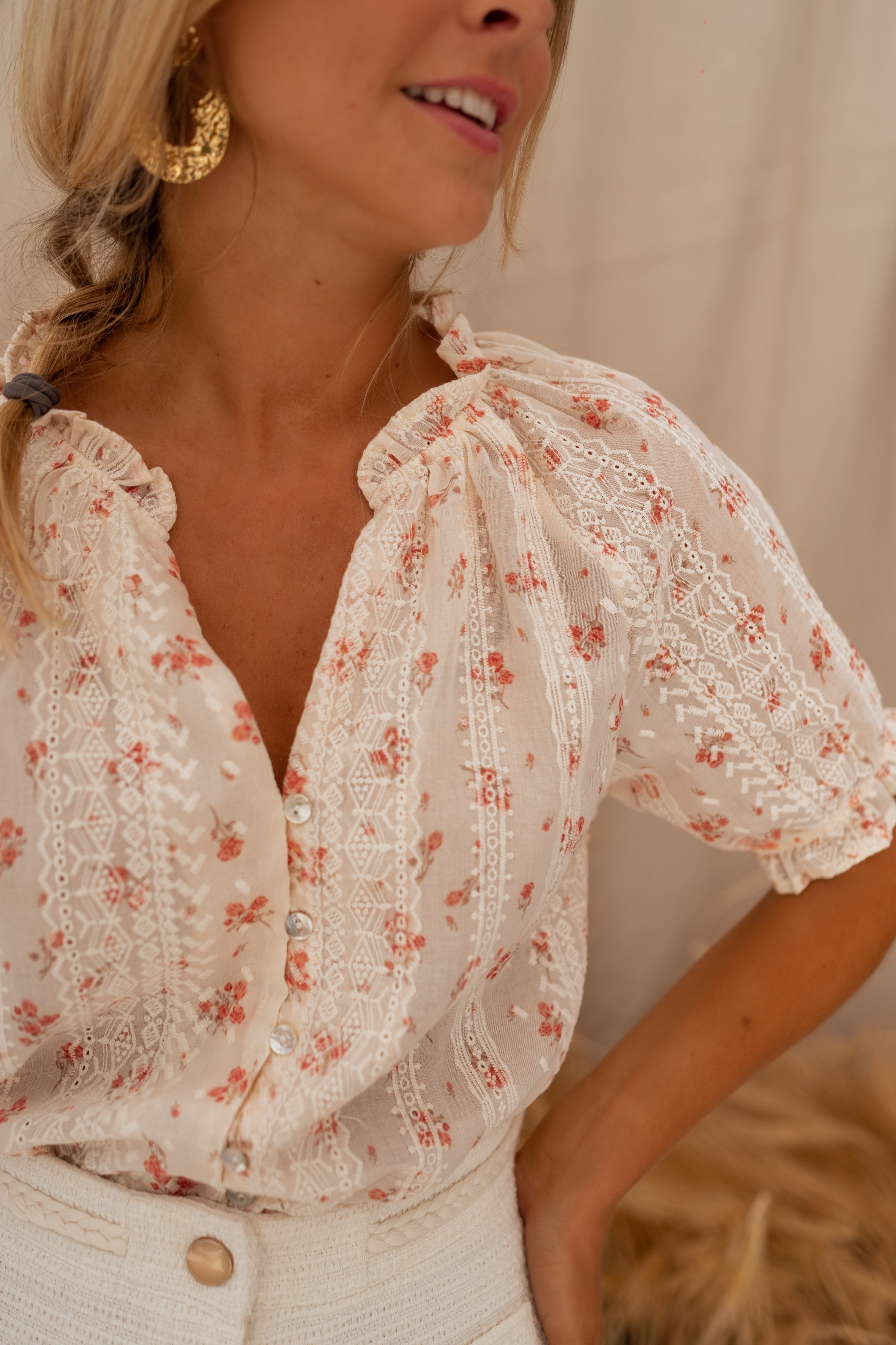 Peach Floral Short Sleeves Blouse