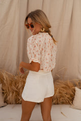 Peach Floral Short Sleeves Blouse