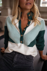 Green Colorblock Buttoned Knit Sweater