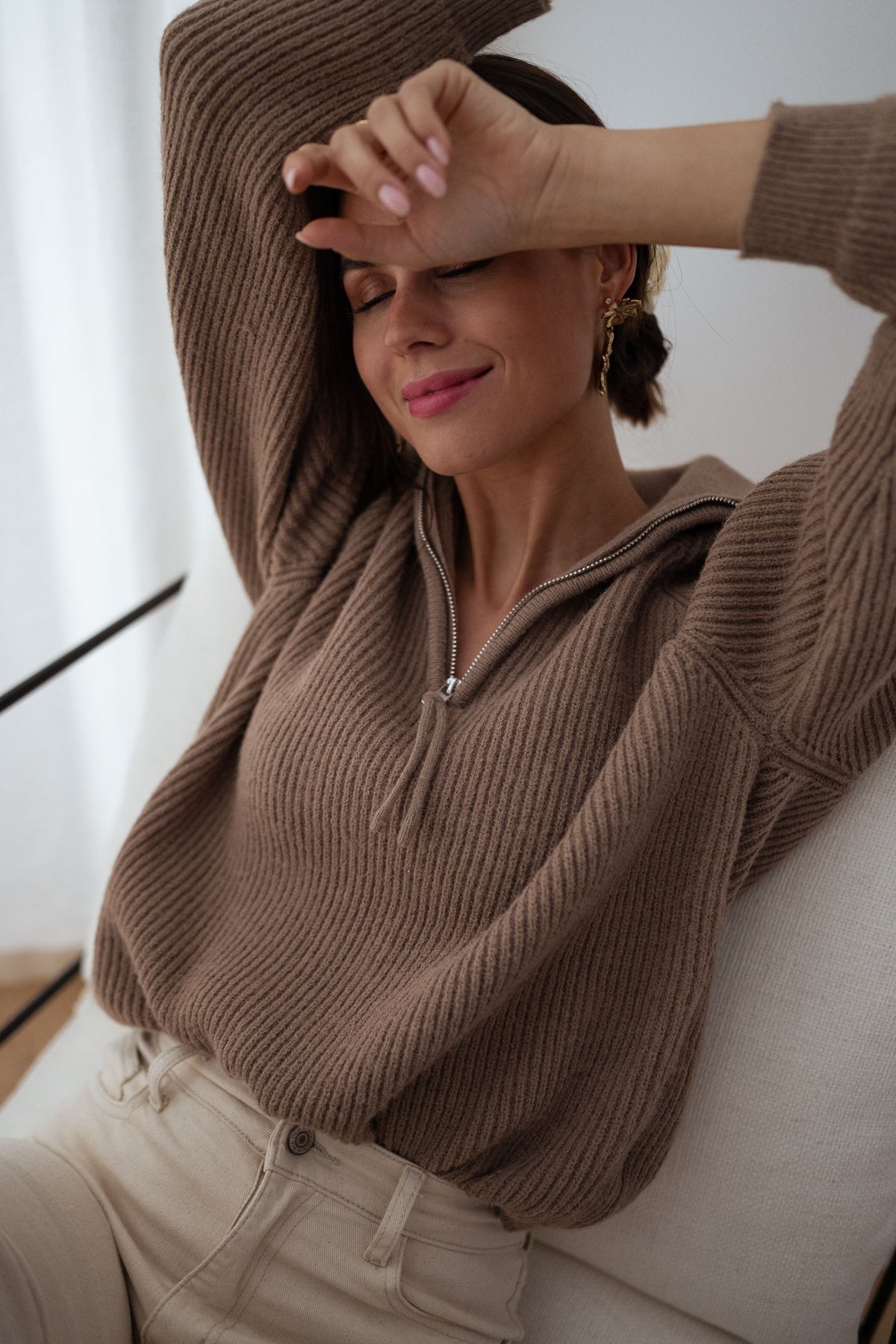 Taupe Ribbed Knit Zippered Sweater